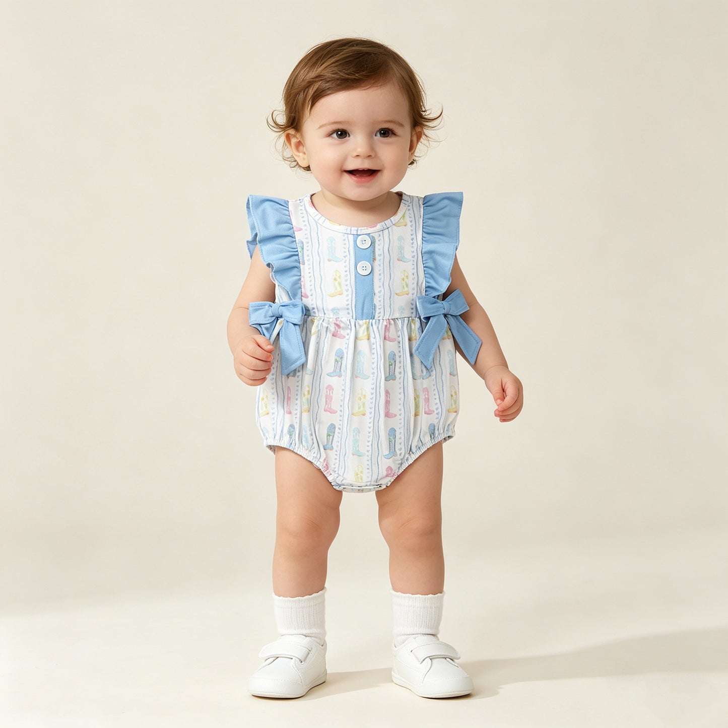 RTS NO MOQ SR4088 Baby Girls Cute Western Colorful Boots Stripe Button Ruffle Rompers