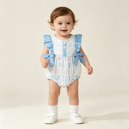 RTS NO MOQ SR4088 Baby Girls Cute Western Colorful Boots Stripe Button Ruffle Rompers