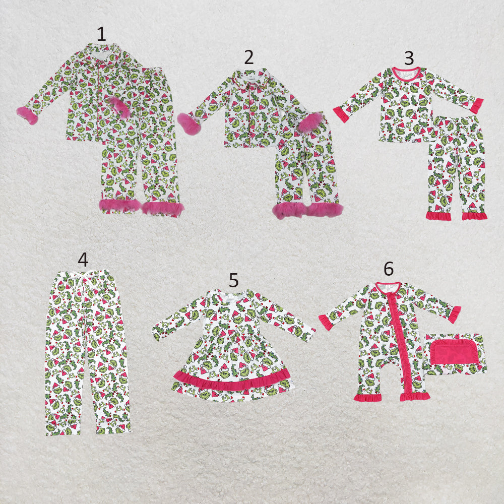 RTS NO MOQ Sibling milk silk Cute Clothes Mama And Me Christmas Print Fur Button Top And Pants Pajama Sets Dress Rompers