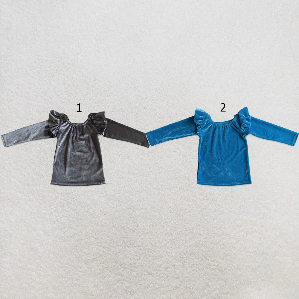 RTS NO MOQ Sibling cotton Baby Girls Solid Color Velvet Long Sleeve Crew Neck Shirt