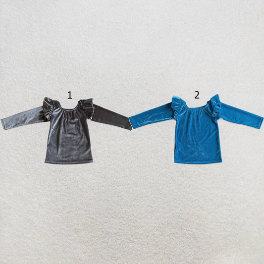 RTS NO MOQ Sibling cotton Baby Girls Solid Color Velvet Long Sleeve Crew Neck Shirt