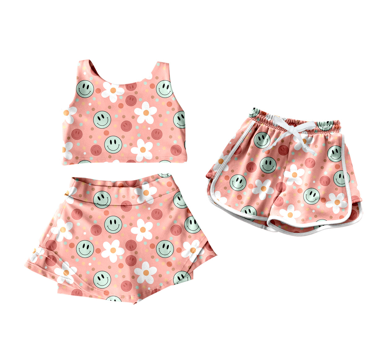 4.18 custom each style moq 5eta 4-6week Sibling Sister smiley floral baby girls clothes Short sleeve yoga dress and shorts match family design