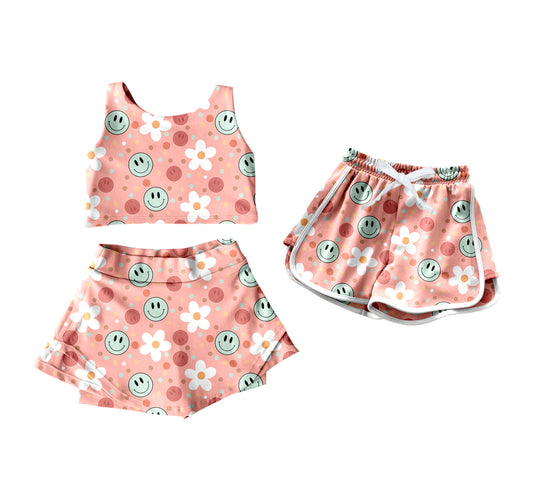 4.18 custom each style moq 5eta 4-6week Sibling Sister smiley floral baby girls clothes Short sleeve yoga dress and shorts match family design