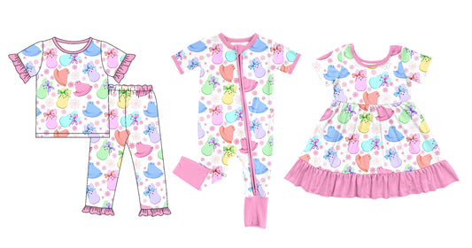 25.9.27 custom each style moq 8 eta 6-8week Sibling Sisters bunny bow baby girl short sleeve pants sets and dress and rompers match family design