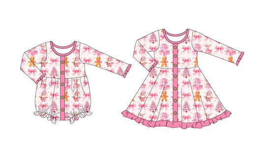25.6.26 custom each style moq 5eta 4-6week Sibling Sisters Christmas bow pink baby girl long sleeve dress and rompers match family design
