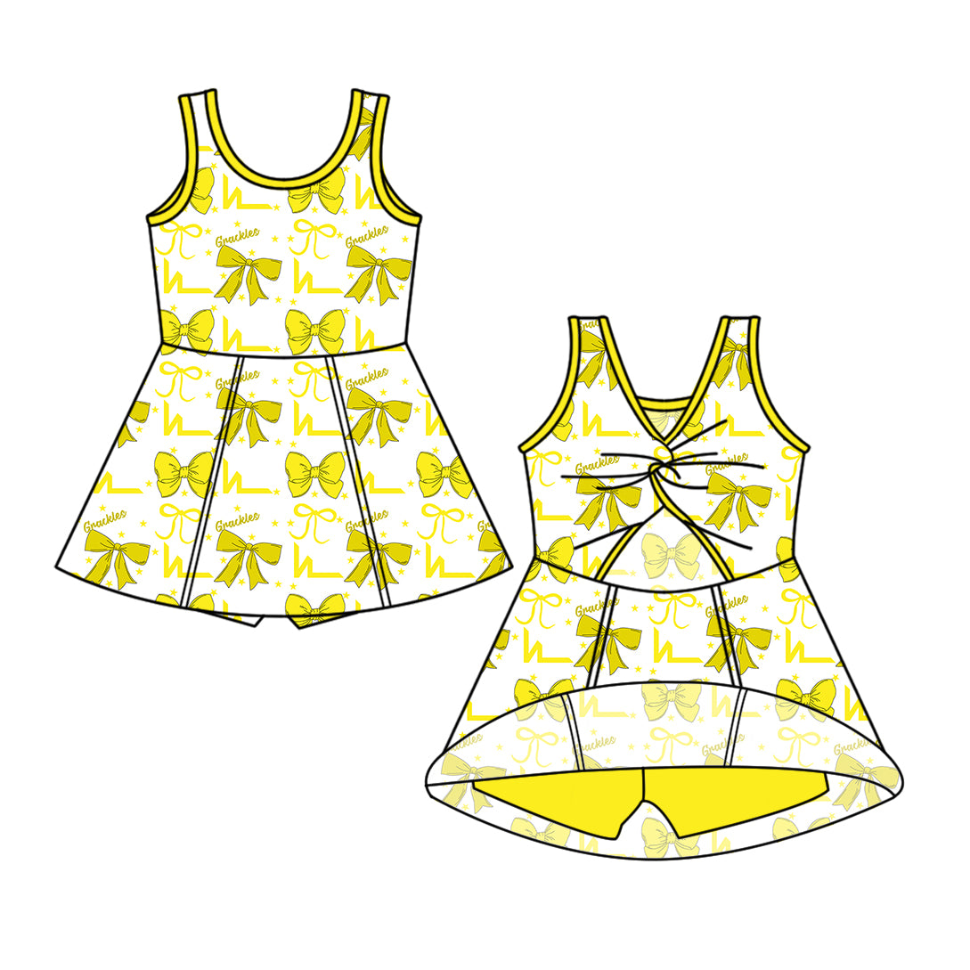 Custom moq 5 mix size milk silk baby girls clothes team bow yellow sleeveless skirts sets 1 and set 2 and dress-25.7.18