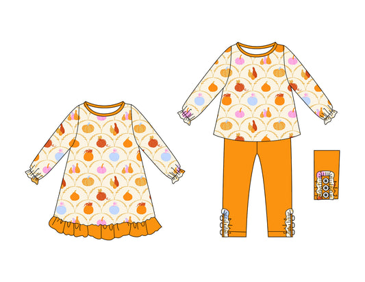 25.6.10 custom each style moq 5eta 4-6week Sibling Sisters pumpkin turkey baby girl long sleeve pants sets and dress match family design