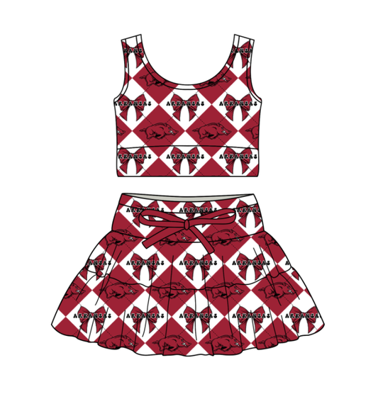 Custom moq 5 mix size Red Plaid Baby Girl Sleeveless Top And Skirt Team Outfit Children's Clothing