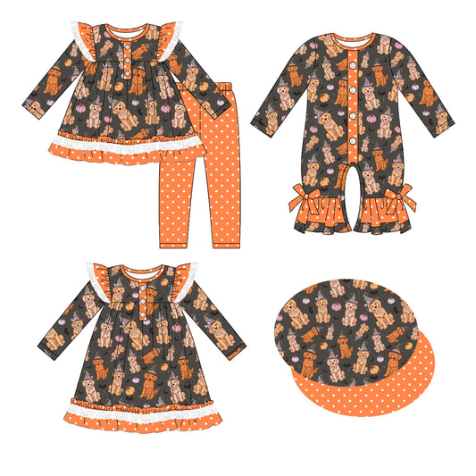 25.6.6 custom each style moq 5eta 4-6week Sibling Sisters pumpkin puppy baby girl long sleeve pants sets and dress and rompers match family design
