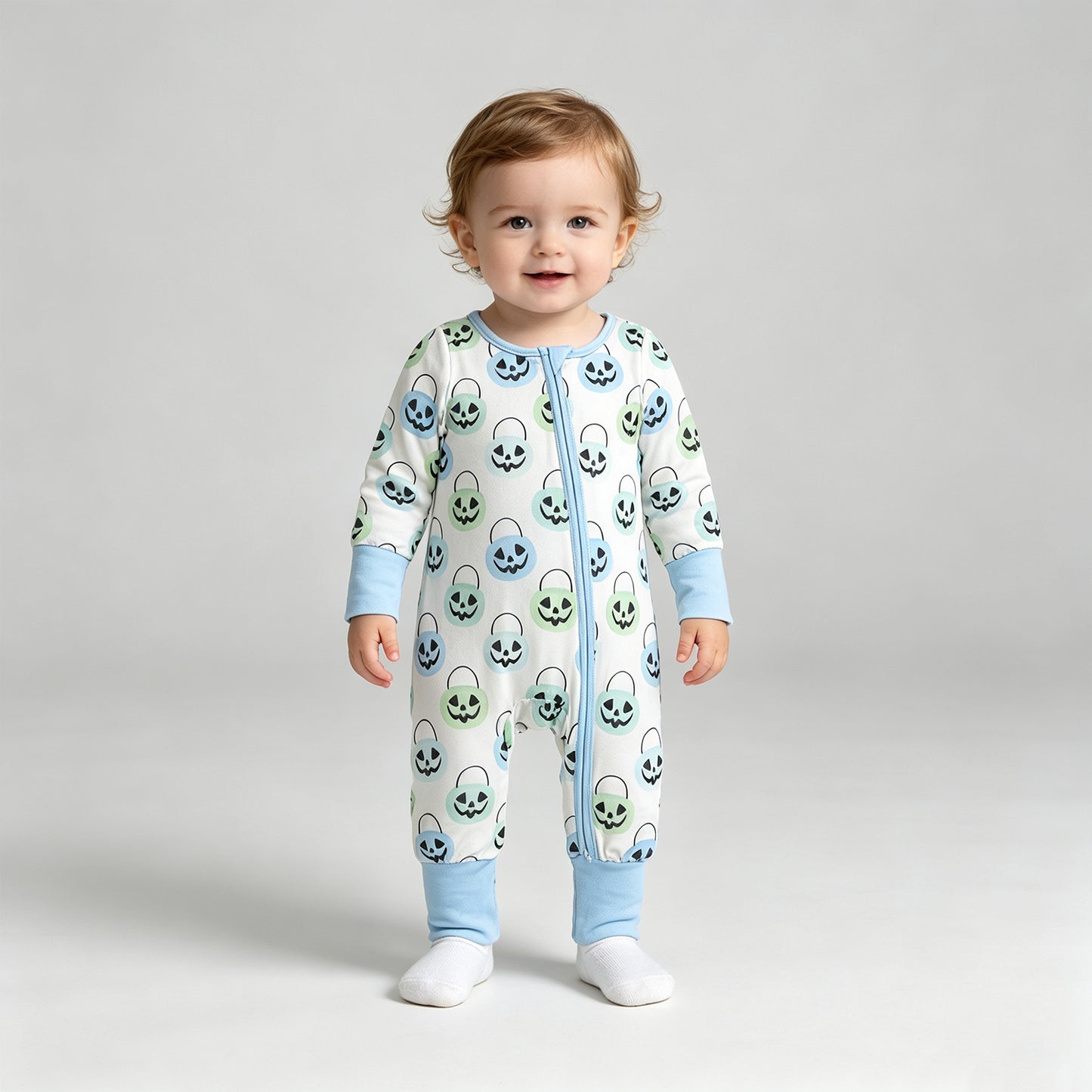 RTS NO MOQ milk silk LR2534 Baby Boys Ghost Pumpkins Halloween Two Way Zip Convertible Rompers