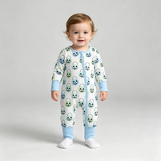RTS NO MOQ milk silk LR2534 Baby Boys Ghost Pumpkins Halloween Two Way Zip Convertible Rompers