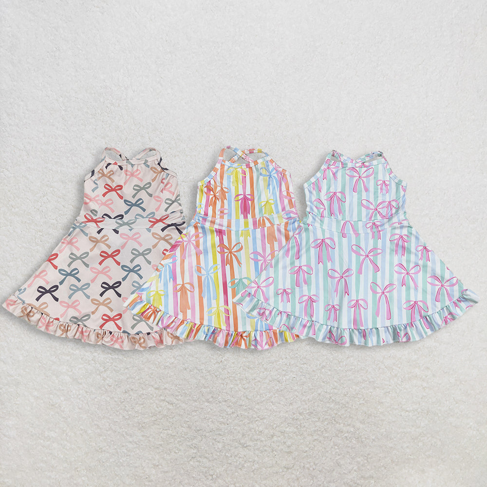 RTS NO MOQ Sibling Baby Girls Peach Strap Dresses Colorful Bows Yoga Ruffle Knee Length Girls Outfits