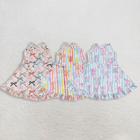 RTS NO MOQ Sibling Baby Girls Peach Strap Dresses Colorful Bows Yoga Ruffle Knee Length Girls Outfits
