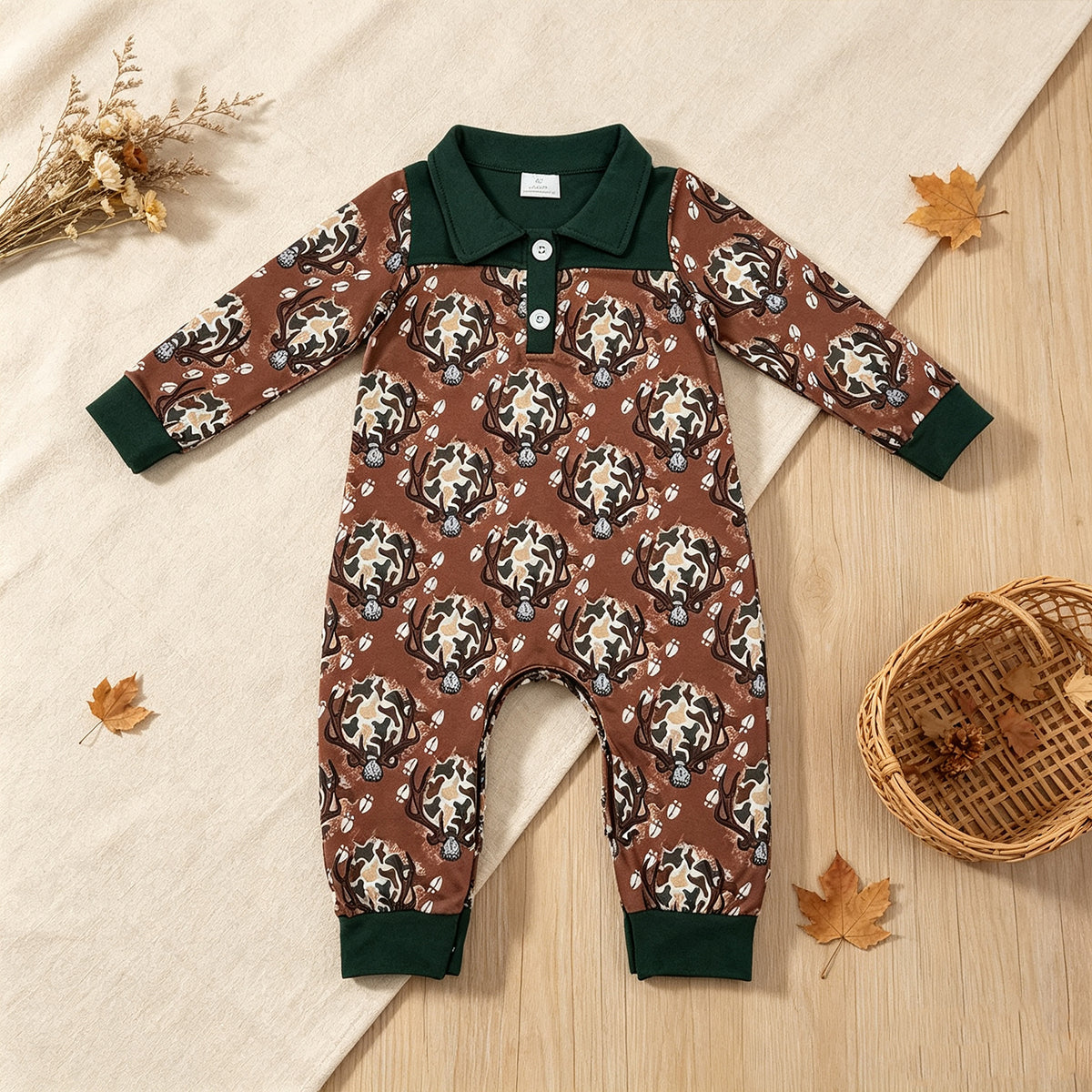 NEW RTS NO MOQ milk silk LR3013 Boys Hunting Camo Deer Long Sleeve Button Rompers