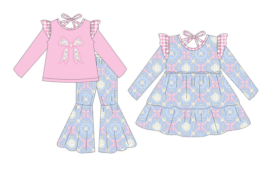 25.7.28 custom each style moq 5eta 4-6week Sibling Sisters bow baby girl long sleeve pants sets and dress match family design