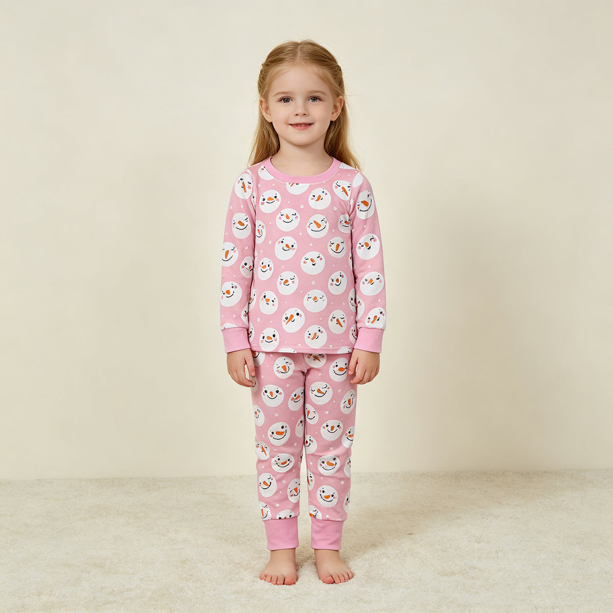 NEW RTS NO MOQ milk silk GLP3543 Baby Girls Pink Snowman Print Long Sleeve Top Matching Full Length Pants Christmas Pajamas Set