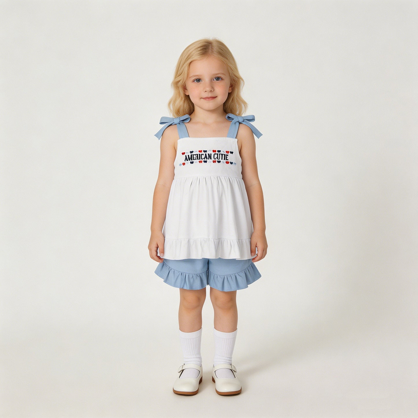 RTS NO MOQ milk silk GSSO3480 Embroidery Baby Girls American Cutie 4th of July Strap Tunic Ruffle Shorts Sets