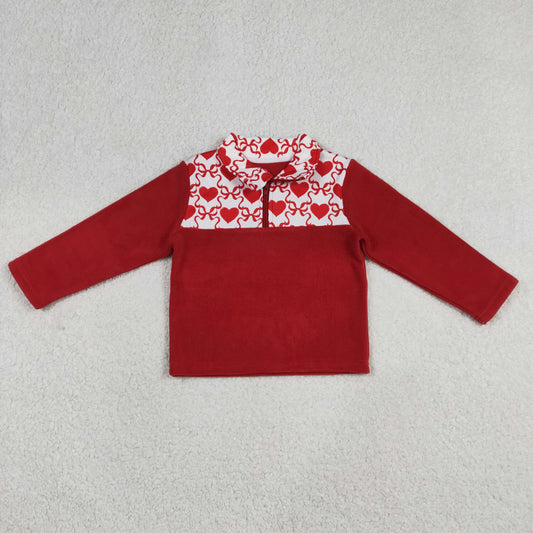 RTS NO MOQ（In Stock) Red Plush Zipper Long-Sleeve Top with Heart and Bow Design