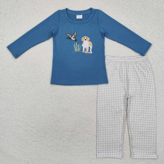 RTS NO MOQ ETA 5/7days Arrived BLP0919 Embroidered duck puppy haze blue long-sleeved plaid trousers set
