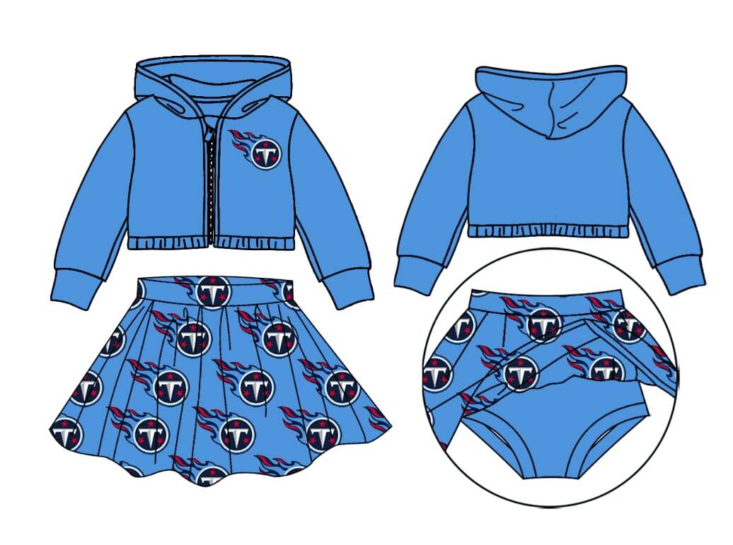 Deadline October 21 custom no moq eta 6-8weeks  Flame Letter T Pattern Sky Blue Zipper Hooded Jacket-Pleated Skirt Set