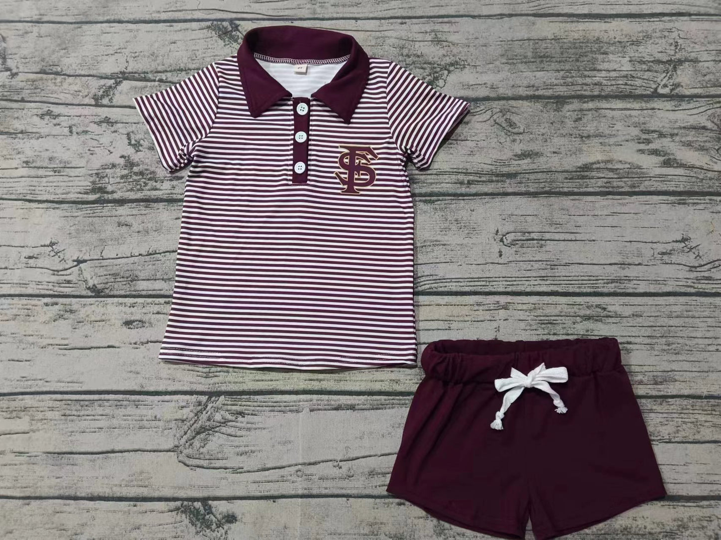 Custom moq 3 eta 6-7weeks  Burgundy Letter Striped Button Stand Collar Short Sleeve Top Shorts Set