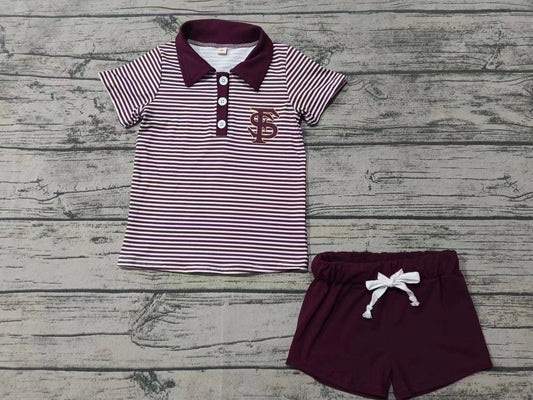 Custom moq 3 eta 6-7weeks  Burgundy Letter Striped Button Stand Collar Short Sleeve Top Shorts Set