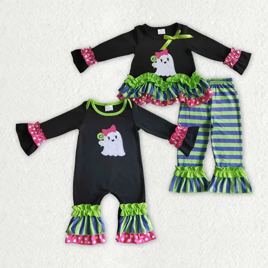 RTS NO MOQ Sibling Baby girls clothes embroidery halloween long-sleeved trousers suit & rompers