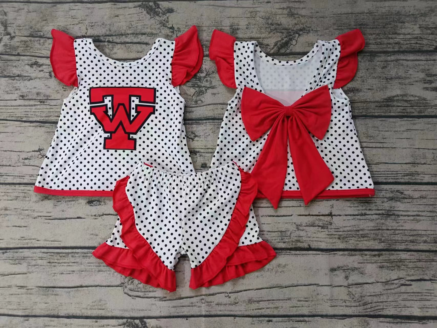 custom moq 5 eta 4-6weeks summer team baby girls clothes red flying sleeve shorts sets