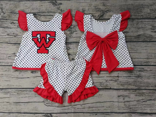 custom moq 5 eta 4-6weeks summer team baby girls clothes red flying sleeve shorts sets