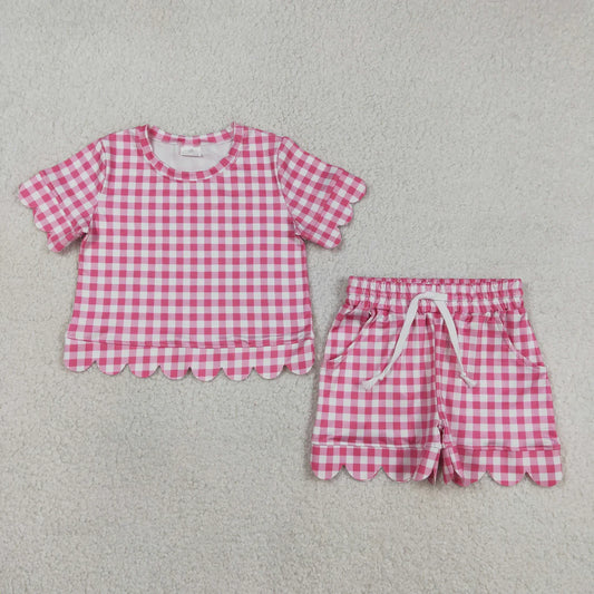 Best Sell RTS Baby Girls Pink Checked Shirt Top with Scallop Pockets And Shorts Outfit Set