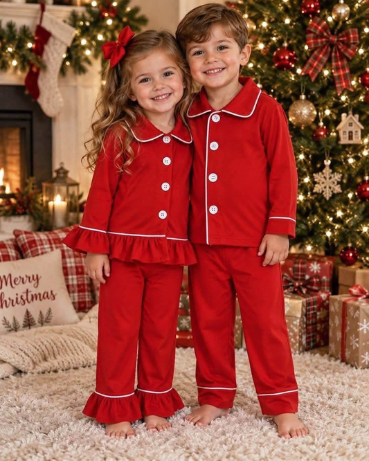 RTS NO MOQ Sibling Baby girls boy clothes Christmas button long-sleeved trousers pajamas suits