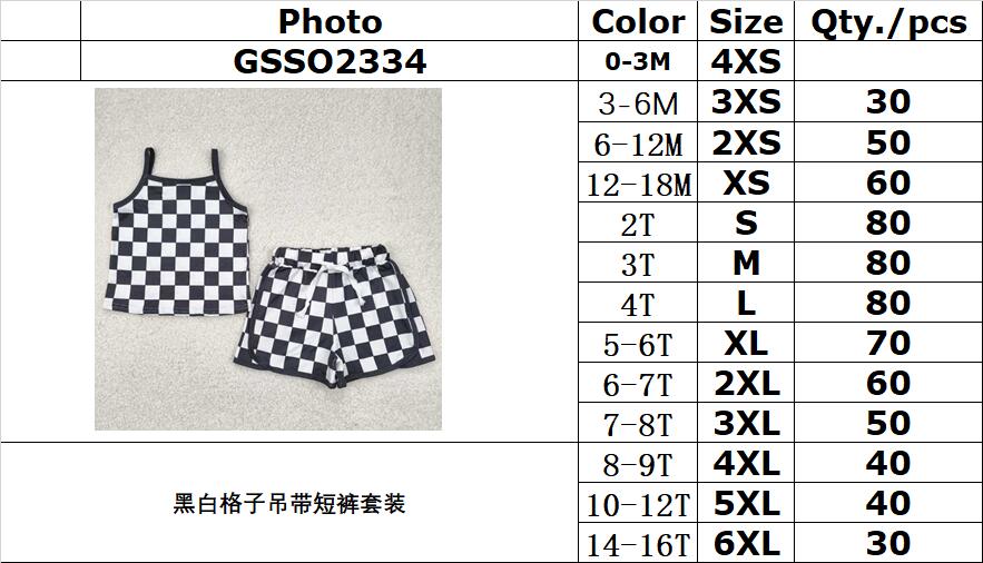 RTS NO MOQ（In Stock) GSSO2334 Black and white plaid suspender shorts set