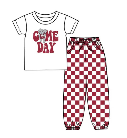 Custom summer teams baby boy clothes team GAME DAY brick red plaid short sleeve pants sets-25.8.29
