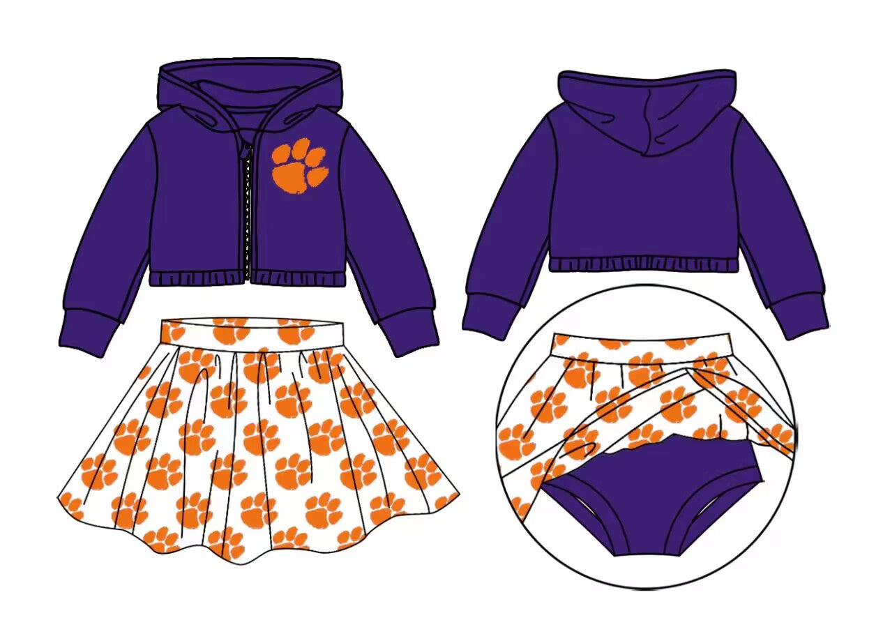 Custom moq 5 mix size milk silk summer teams baby girls clothes purple hooded long sleeve brief sets 2 and skirts sets and tops-25.8.30