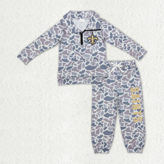 Custom moq 5 mix size milk silk summer teams baby boys clothes camouflage long sleeve pants sets-25.10.27