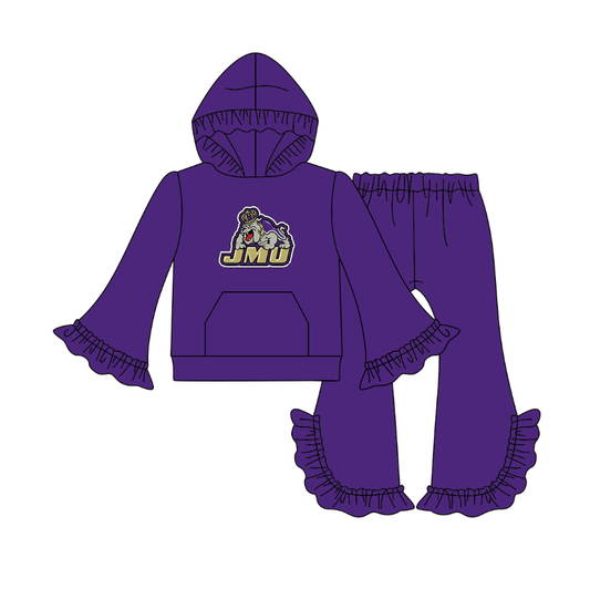 Custom moq 5 mix size milk silk summer teams baby girls clothes lace purple hooded long sleeve pants sets