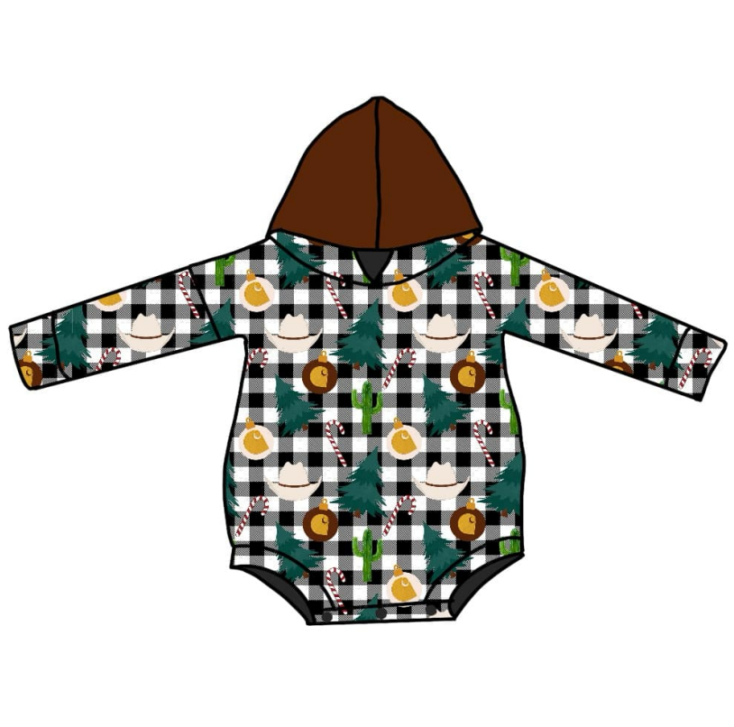 Deadline  October 18 custom no moq eta 6-8weeks Green pine bell hat pattern black and white plaid long sleeve hooded short romper