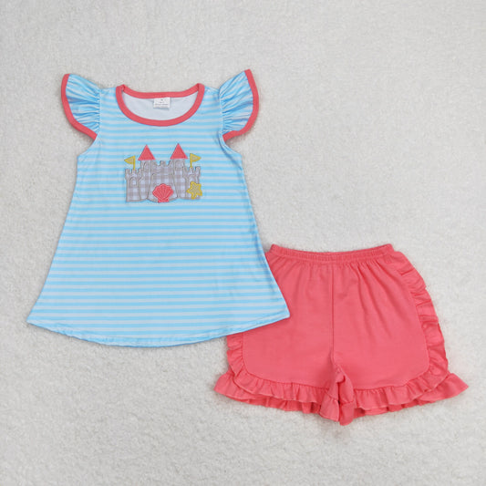 GSSO0875 Embroidered shell star Dream striped flying sleeve rose red shorts suit