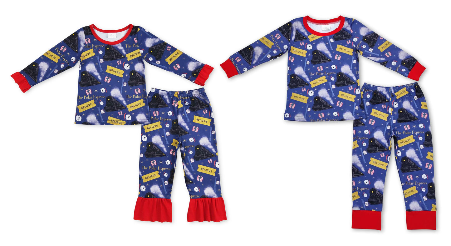 RTS NO MOQ believe polar express Train Girls Pajamas Long Sleeves and Pants Set