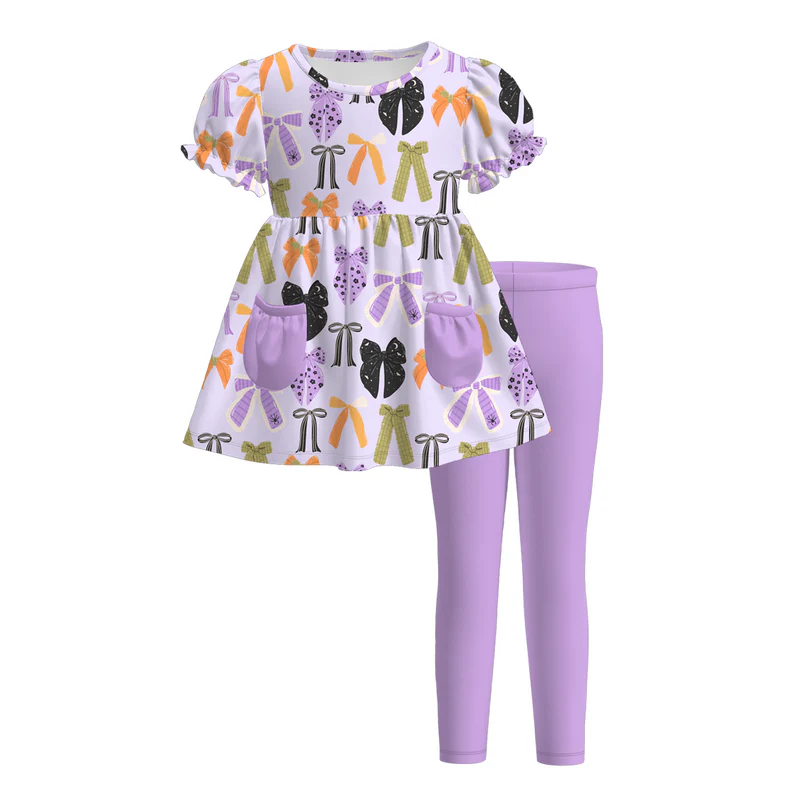 Custom moq 5 each style eta 6-7weeks baby girl bow purple short sleeve pants 1 and pants 2 and dress and shorts sets and top