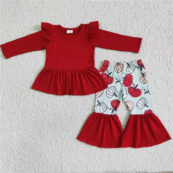 RTS NO MOQ Sibling baby girl clothes halloween pumpkin long sleeve pants Sets