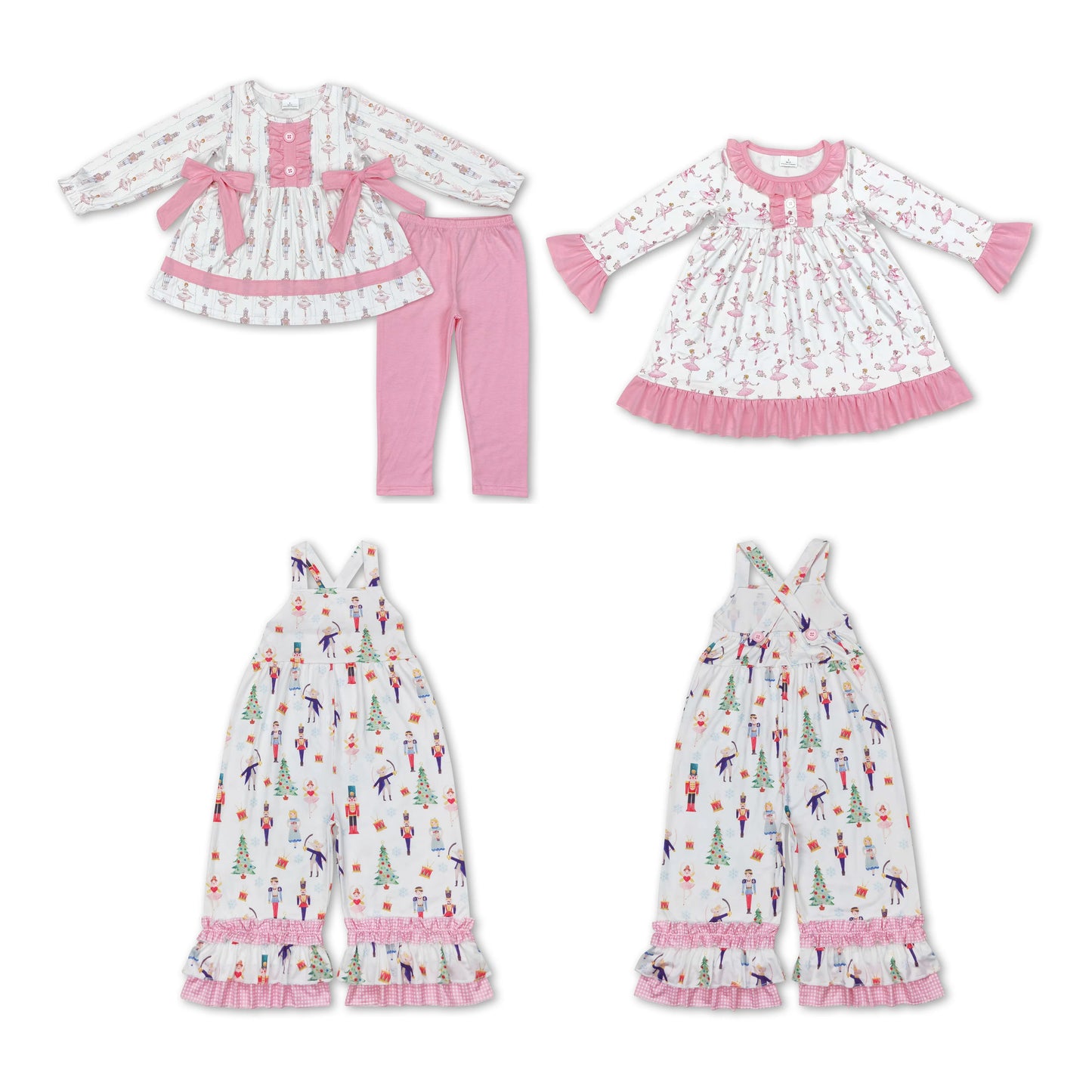 RTS NO MOQ GLP1283 SR1931 GLD0720 Pink Bow Ballet Girls Long Sleeve Suit & Long Sleeve Dress & Romper