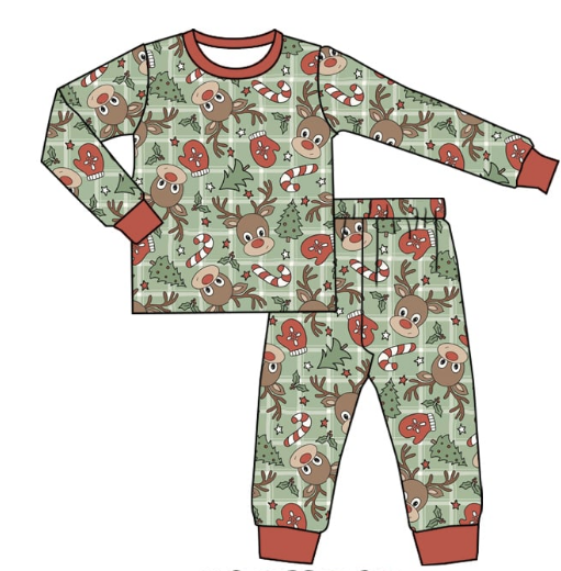 Deadline August 19 custom no moq  eta 6-7weeks bamboo  Christmas Tree Gloves Long Sleeve Pants Set Girls Pajamas