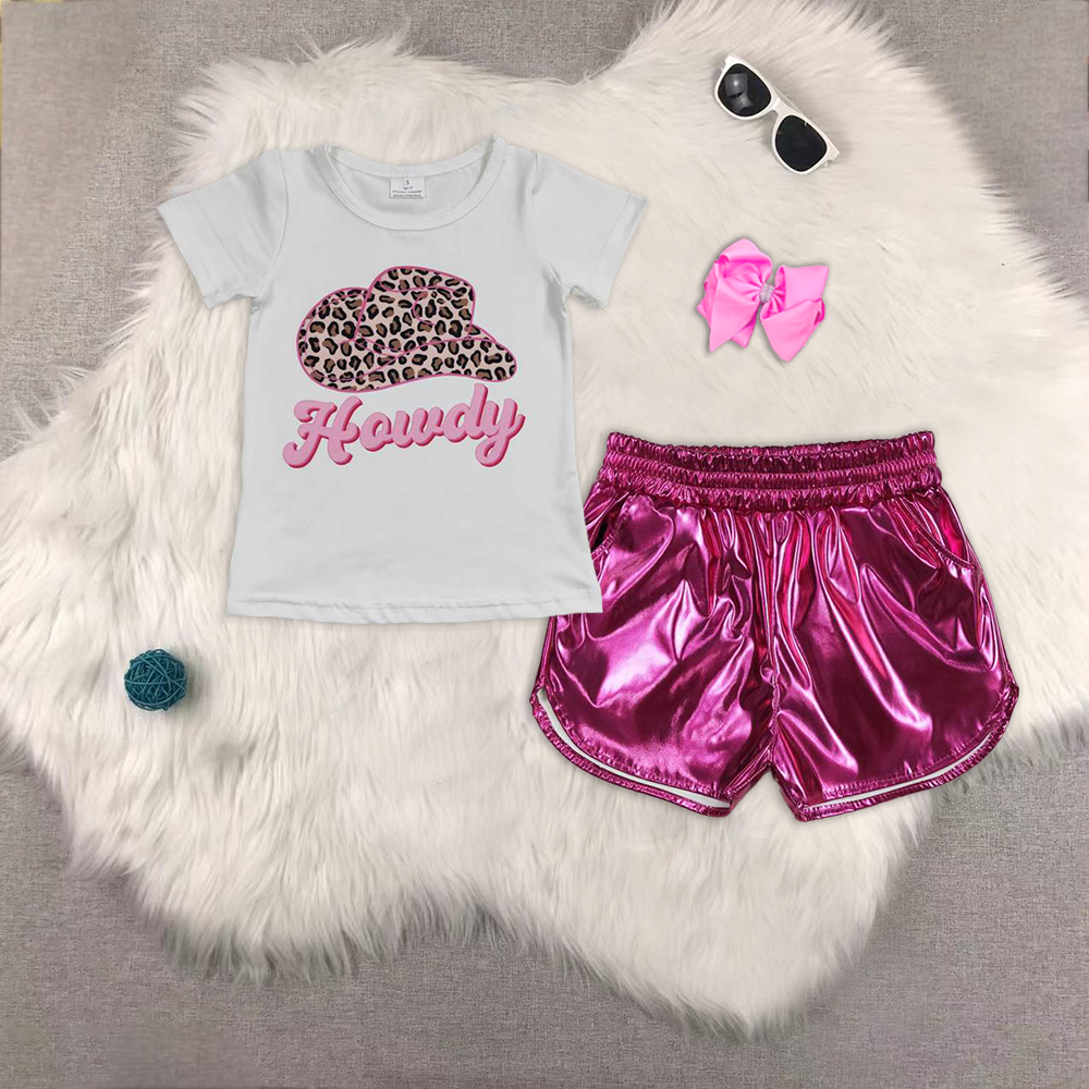 RTS NO MOQ ETA 5/7days Arrived GT0138+SS0414 Girls howdy leopard print hat white short-sleeved top Shiny leather rose red shorts sets
