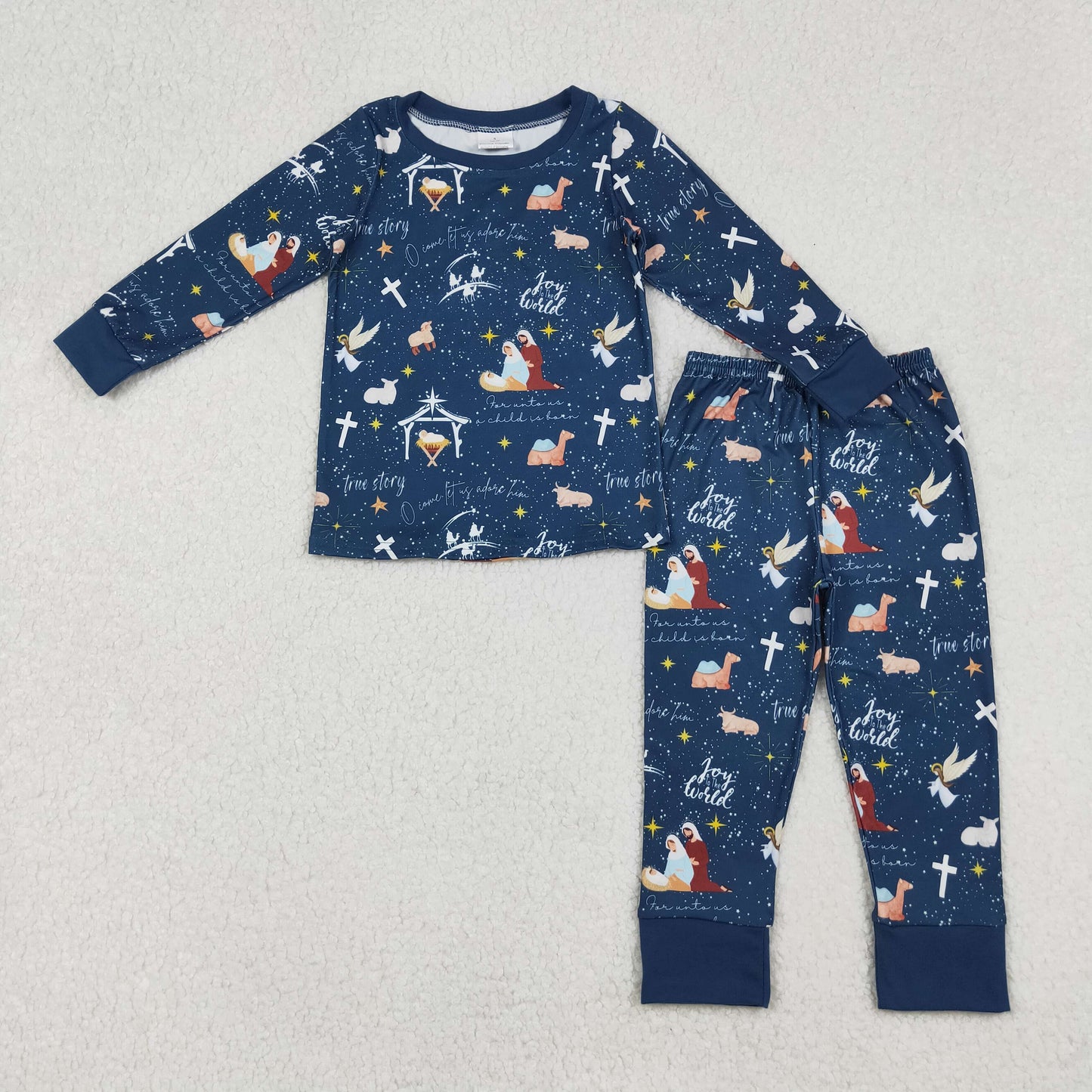 RTS NO MOQ（In Stock) BLP1198 World Jesus Blue Long-Sleeved Pants Set
