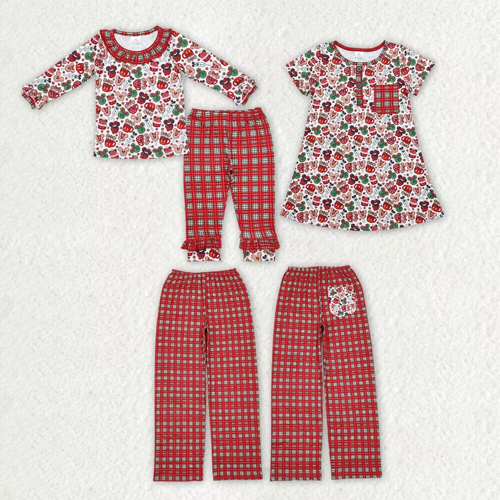 RTS NO MOQ GLP1550 GSD1403 P0569 Christmas Red Plaid Long Sleeve Suit & Short Sleeve Dress & Adult Pants