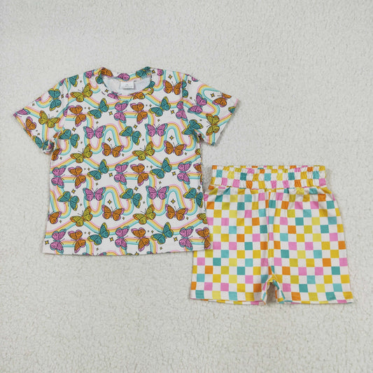 RTS NO MOQ GSSO2615 Butterfly short sleeve color plaid shorts set