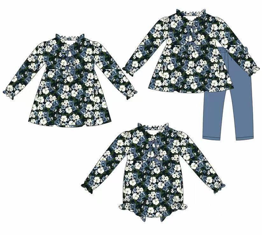 Custom moq 5 each style eta 6-7weeks baby girl clothes floral blue long sleeve pants sets and romper and dress -25.7.29