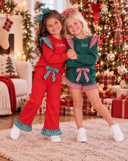 RTS NO MOQ Sibling milk silk Baby Girls stripe sweater Flutter sleeves long sleeve pant set