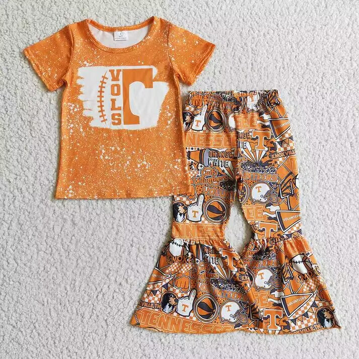 RTS NO MOQ Victory Sign-Heart-Five-Pointed Star Pattern Short Sleeve Flared Pants Suit